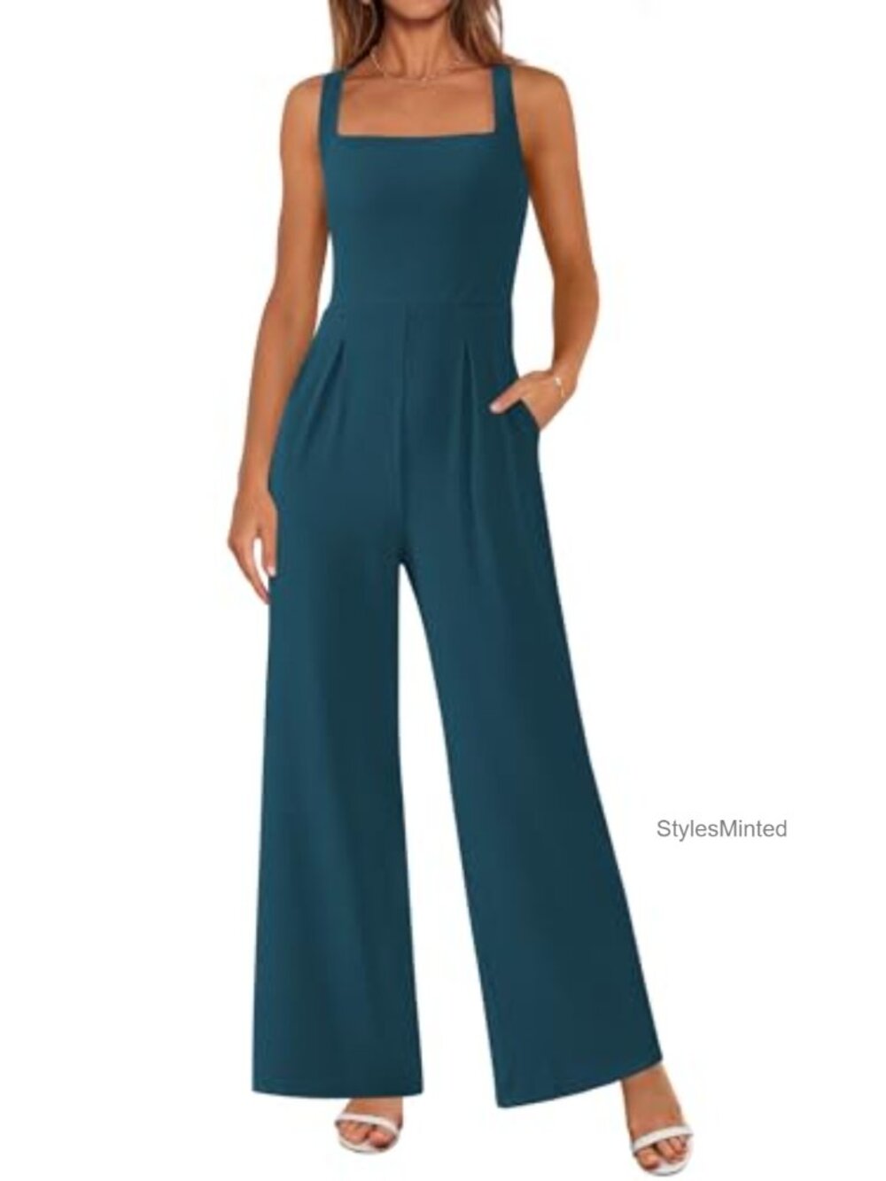 Sleeveless Wide Leg Knit Jumpsuit Dressy Square Neck One Piece